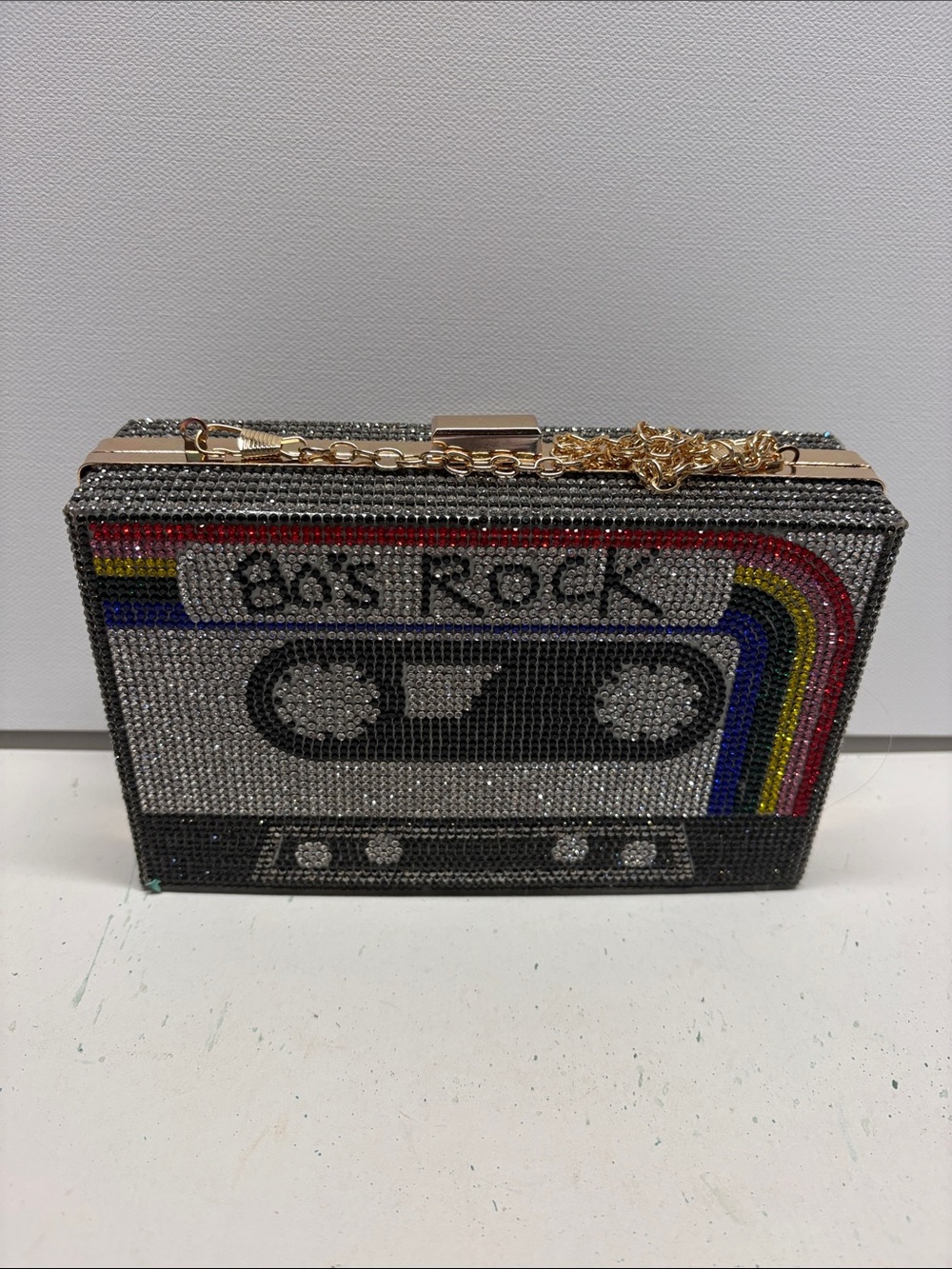 Silver Crystal Cassette Clutch with Rainbow Stripes